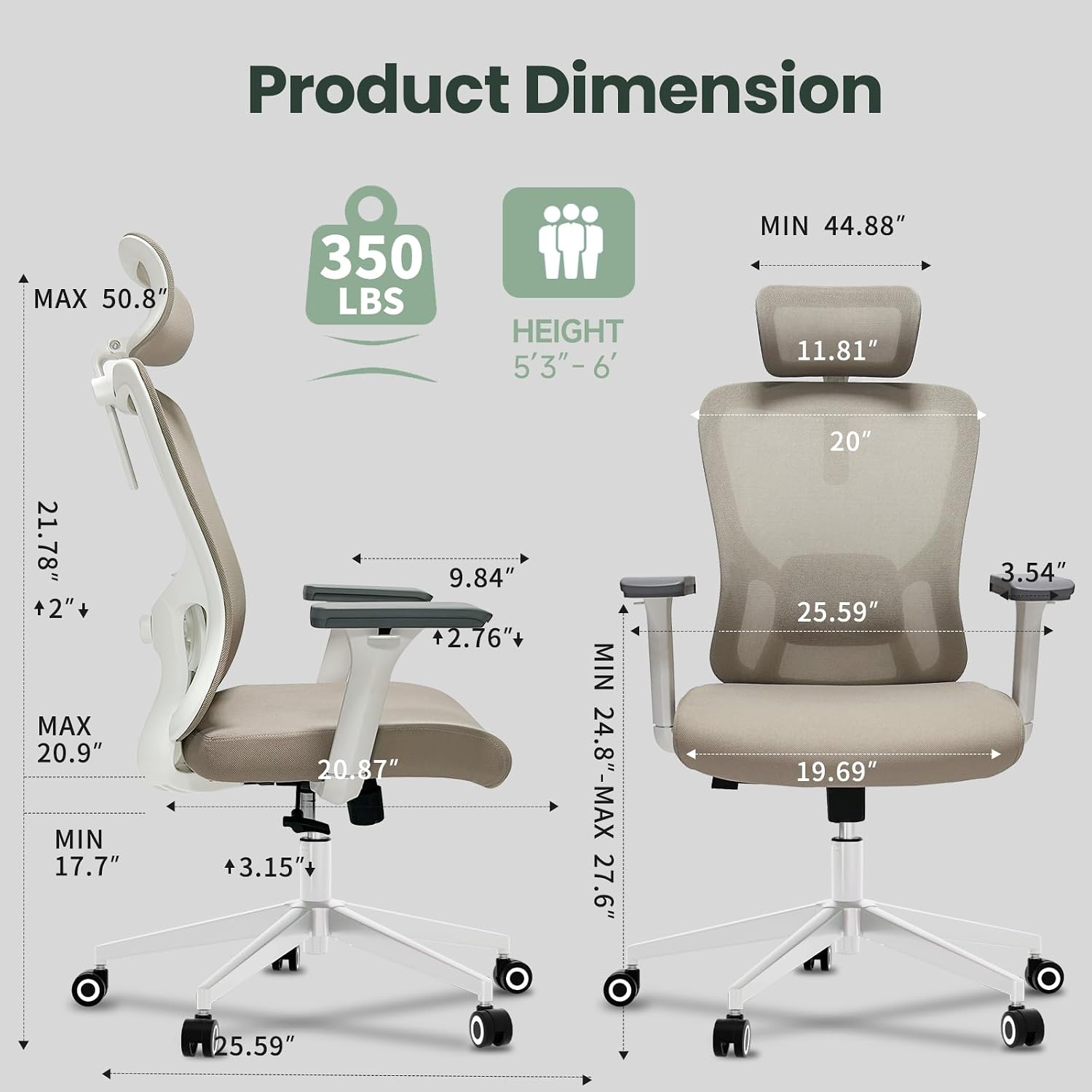 Ergonomic Office Chair - 350LB Mesh Office Chair with Adjustable Lumbar, High Back Computer Chair with 3D Armrests, Comfy Chair with 2D Headrest & Tilt Function for Study, Work, Gaming