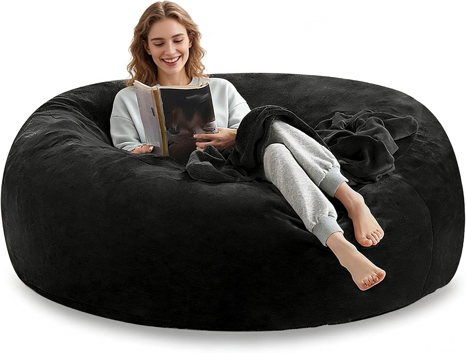 SANAE Oversized Memory Foam Bean Bag Chair for Adults - Corduroy Fabric with Filler, Gaming & Movie Night Furniture, Large Bean Bag Sofa for Living Room/Dorm/Bedroom (Black, 6FT)