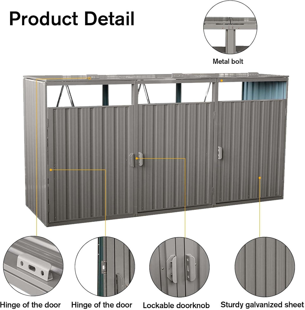 Outdoor Garbage Bin Storage Shed, Steel Trash Can Storage with Lockable Doors & Lids for 3 Trash Cans, Metal Garbage Can Hider for Outside Garden Yard Backyard Patio (3 Trash Can+Grey)