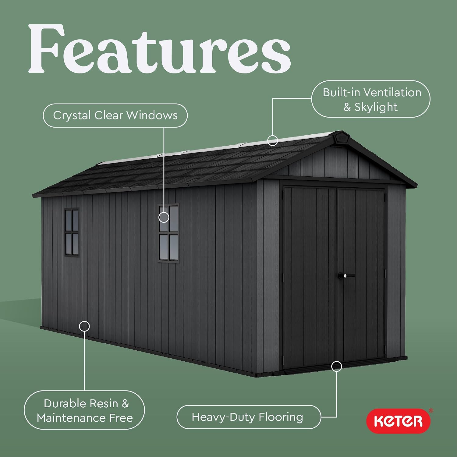 Keter Newton Plus 7.5x17 Ft All-Weather Storage Shed with Skylight, Window, Built-in Ventilation, Customizable Walls, & Lockable Double Doors, Graphite