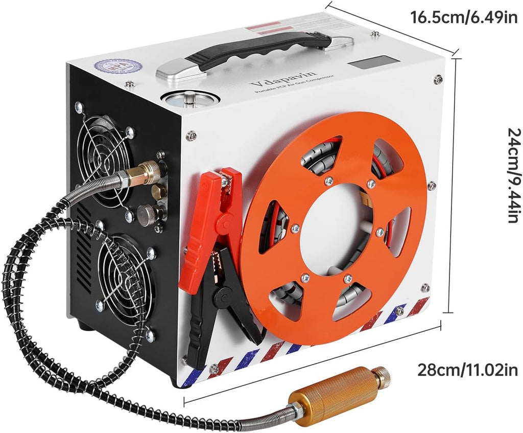 PCP Air Compressor, Portable 4500 PSI/300 Bar Air Pump, supports 12V DC or 120V/220V AC, Auto-stop, oil-free/water-free design, for Paintball, Air Rifle, HPA Tanks