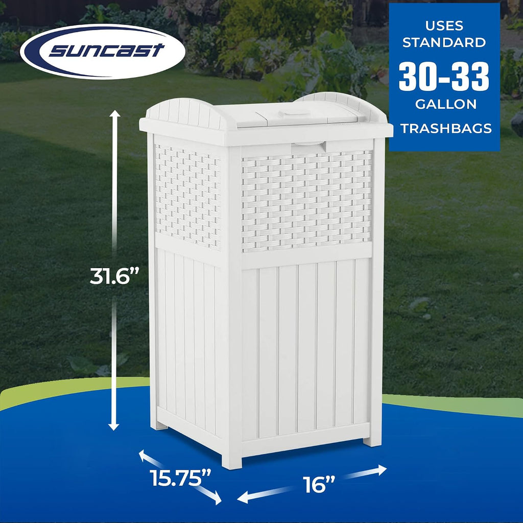 Suncast Wicker Plastic Outdoor Hideaway 33 Gallon Trash Can Bin with Latching Lid for Backyard, Deck, or Patio Use, White (2 Pack)