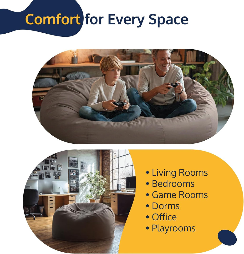 ULTIMATE SACK 6000 6-Foot Bean Bag Chair with Footstool, Black Suede Cover – Oversized Foam Lounger, Floor Seat, Small Sofa, or Couch Bed for Living Area, Gaming Room, or Reading Lounge