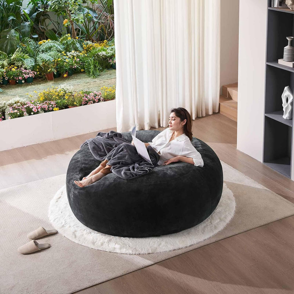 SANAE Oversized 5FT Memory Foam Bean Bag Chair for Adults - Black Corduroy Fabric with Filling, Comfy Gaming & Movie Beanbag Sofa Floor Couch, Large Lounger for Living Room/Dorm/Classroom/Bedroom