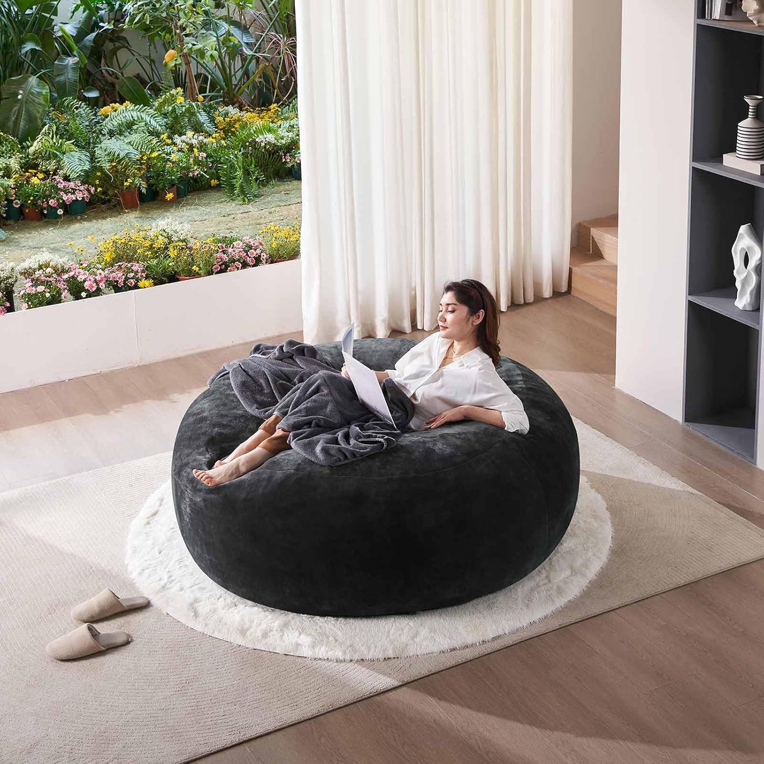 SANAE Oversized 5FT Memory Foam Bean Bag Chair for Adults - Black Corduroy Fabric with Filling, Comfy Gaming & Movie Beanbag Sofa Floor Couch, Large Lounger for Living Room/Dorm/Classroom/Bedroom