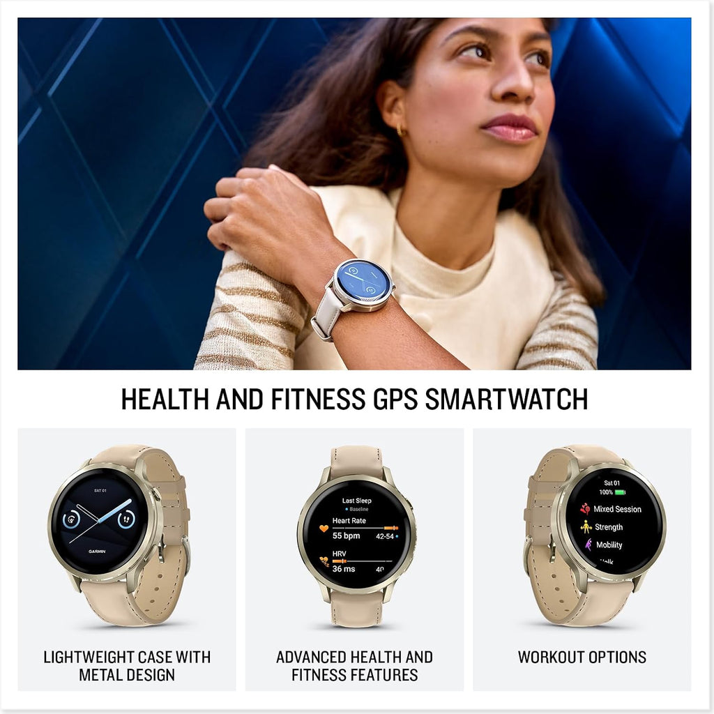 Garmin Venu 4, 41mm, Advanced Fitness and Multisport GPS Smartwatch, 1.2' AMOLED Display, Built-in Flashlight, 10 Days of Battery Life, Lunar Gold with Light Sand Leather Band