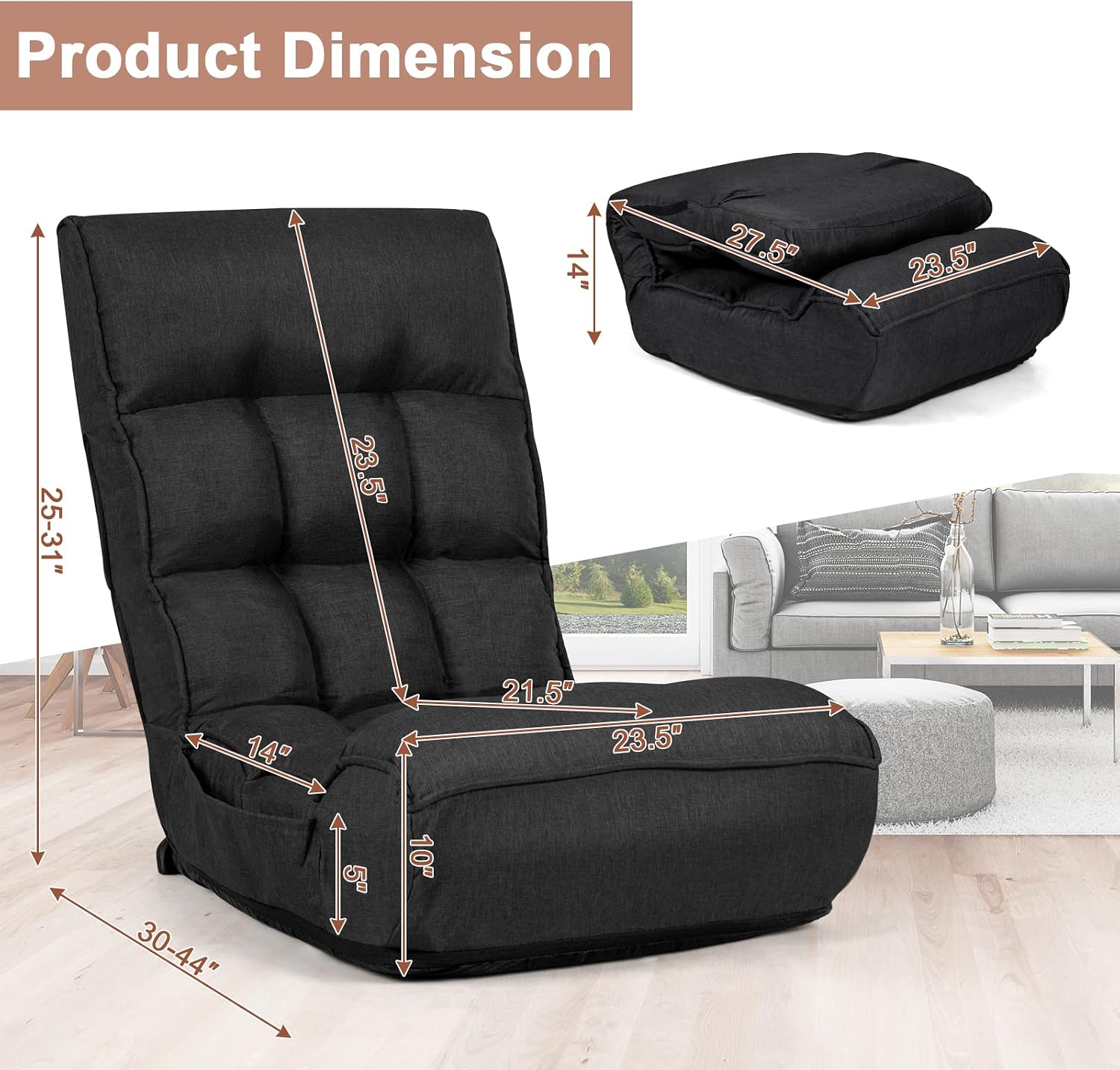 LDAILY Moccha Folding Floor Chair, Adjustable Sofa Chair with 5-Position Headrest & 4-Position Backrest, Floor Gaming Chairs with Thicken Cushion, Padded Chaise Lounge for Bedroom, Living Room, Black