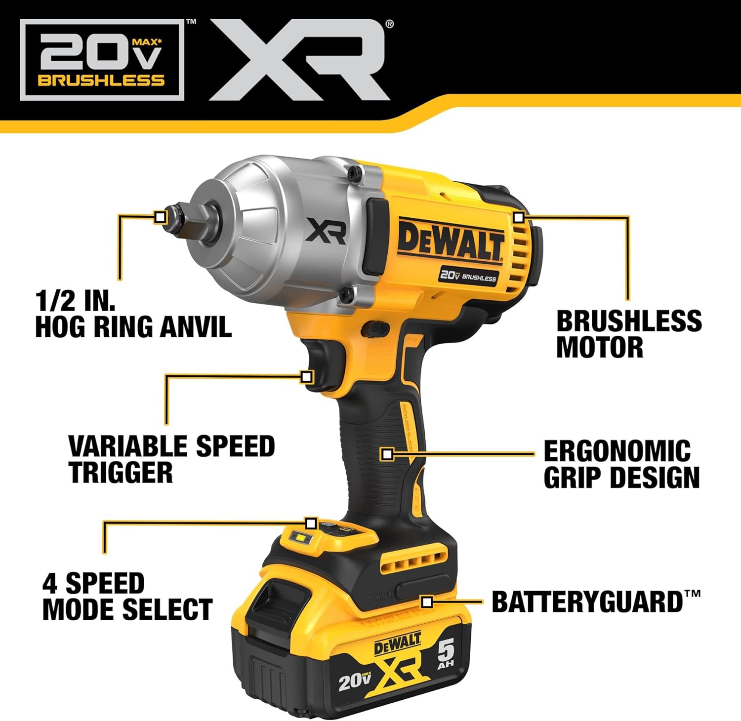 DEWALT 20V MAX Cordless Impact Wrench with Hog Ring Anvil, Brushless High Torque 1/2 Impact Gun, 4-Mode Speed, Includes Battery, Charger and Kit Bag (DCF900P1)