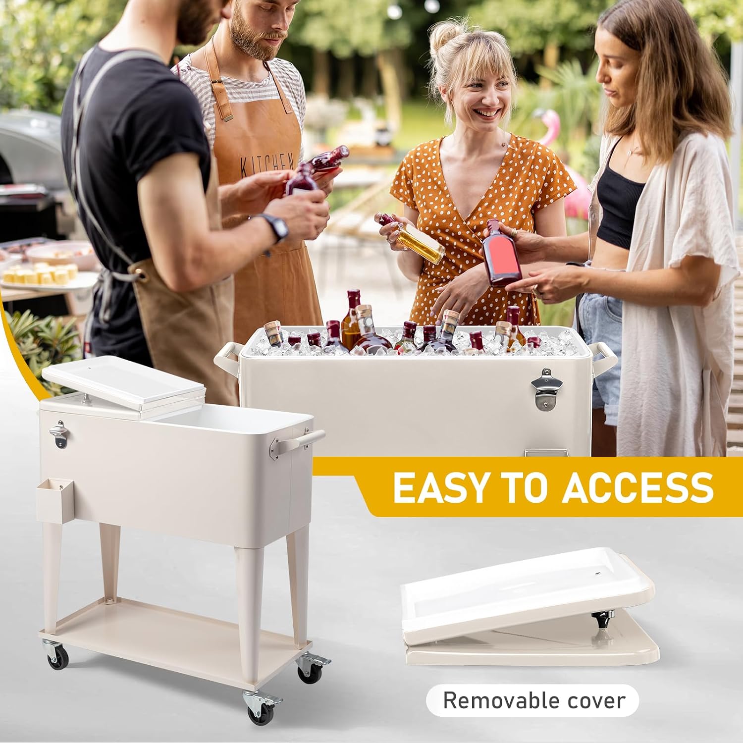 Outvita 80 Quart Rolling Ice Chest, Portable Bar Drink Cooler with Catch Basin, Bottom Storage Tray and Bottle Opener for Patio Party BBQ Beach Activities