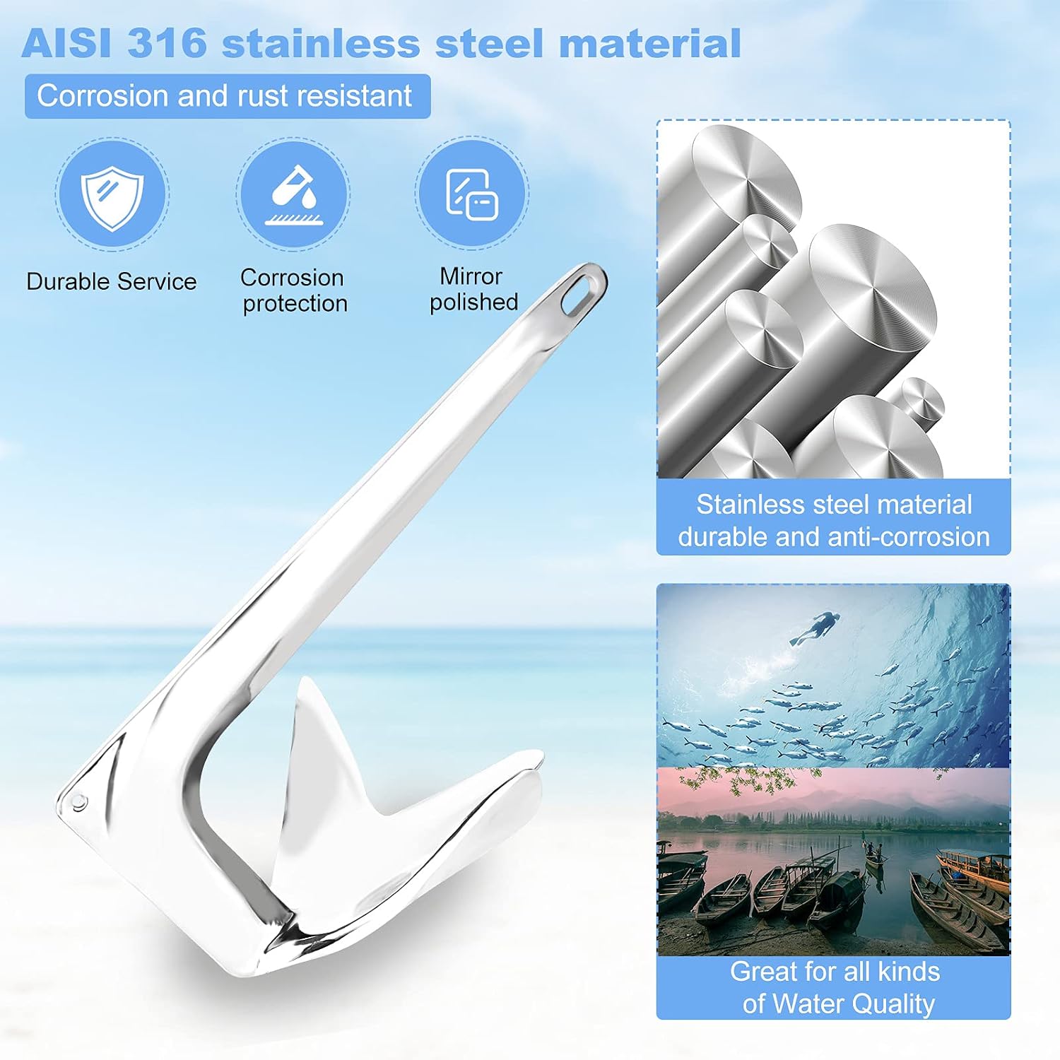 ISURE MARINE 316 Stainless Steel Bruce Style Claw Force Boat Anchor Heavy Duty Marine Grade Polished