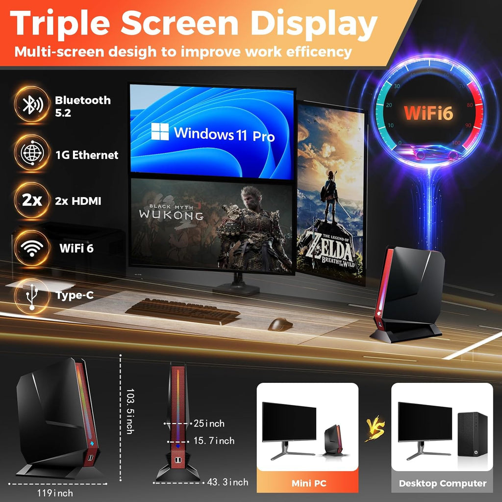 Mini PC, Intel Core I7-8750H Gaming Computer with Nvidia GTX1050 RGB Lights Mini Computer, 16GB DDR4 512GB NVMe SSD, Support Triple 4K Display/WiFi6 BT5.2/RJ-45, Windows 11 Pro Desktop PC, Black