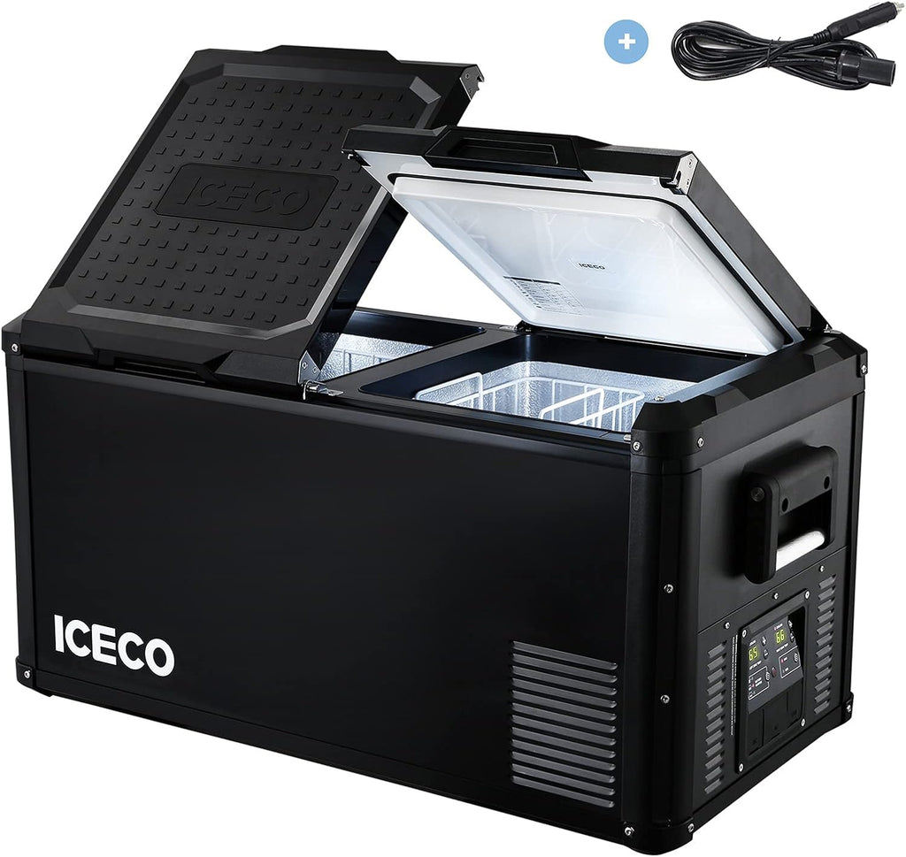 ICECO VL75 PRO 79 Quart Double Zone Portable Refrigerator with SECOP Compressor, 12 Volt Freezer for Car, Home, Camping, RV, 0°F to 50°F, 12/24V DC, 100/240V AC & Extension Cable