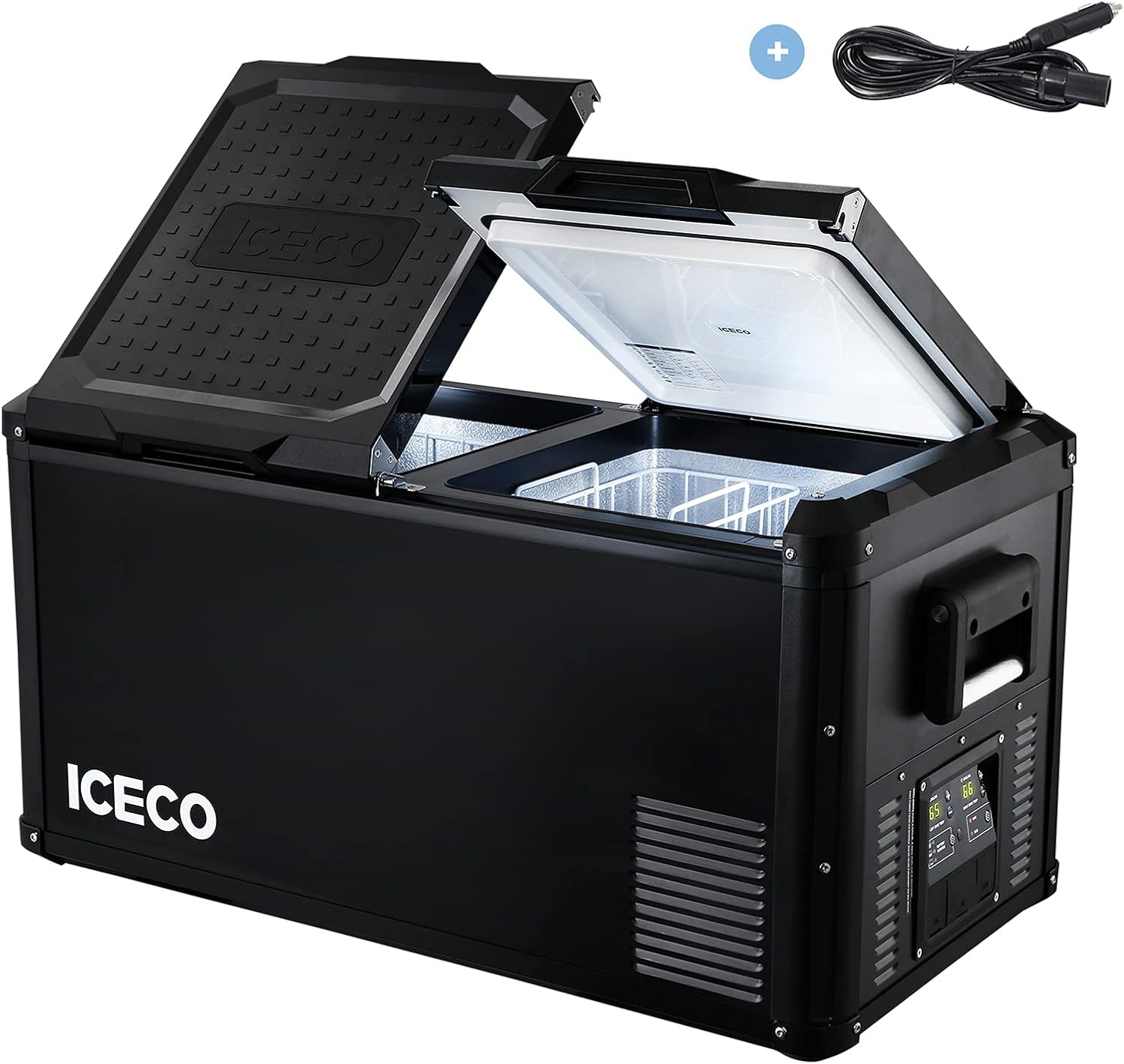 ICECO VL75 PRO 79 Quart Double Zone Portable Refrigerator with SECOP Compressor, 12 Volt Freezer for Car, Home, Camping, RV, 0°F to 50°F, 12/24V DC, 100/240V AC & Extension Cable