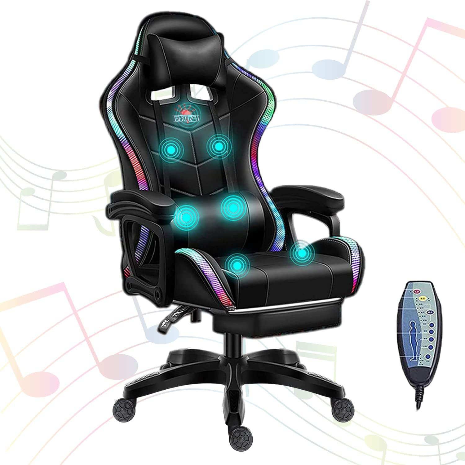 Gaming Chair with Speakers Video Game Chair with RGB Light, Ergonomic Racing Computer Chair PU Leather Swivel Recliner E-Sports Chair with Armrest Lumbar Support,Black