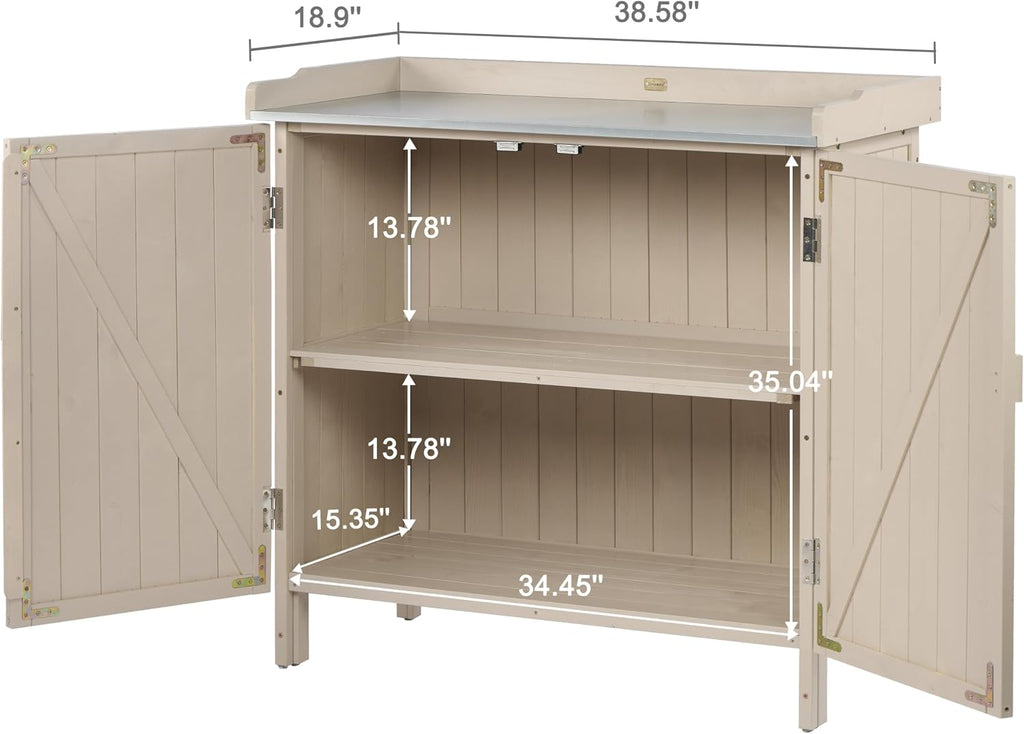 HABAU Outdoor Storage Cabinet with Potting Bench & Metal Tabletop, Wooden Planting Workstation for Garden Patio, Weatherproof