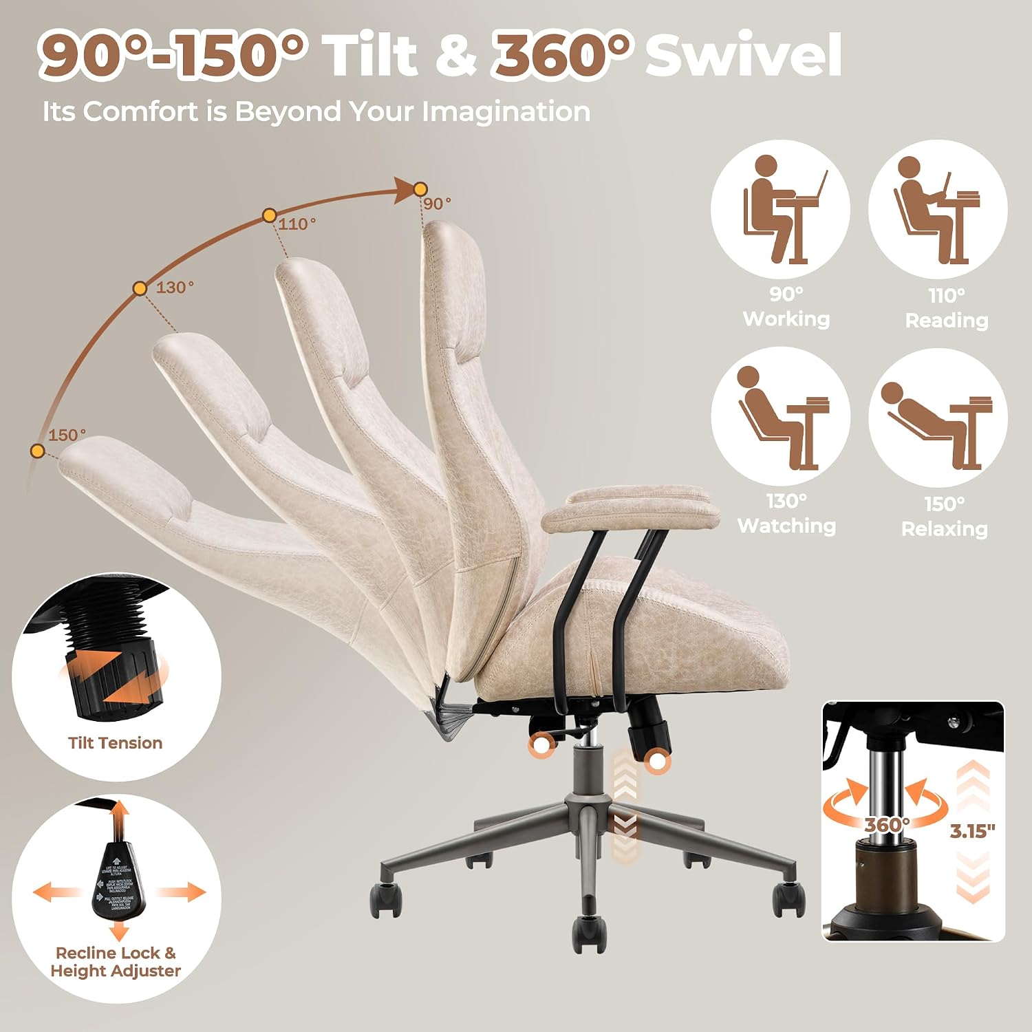 ovios Ergonomic Office Chair, High Back Faux Leather Executive Chairs with Armrests, Comfy Mid-Century Modern Swivel Rolling Computer Armchair (Beige, Suede Leather)