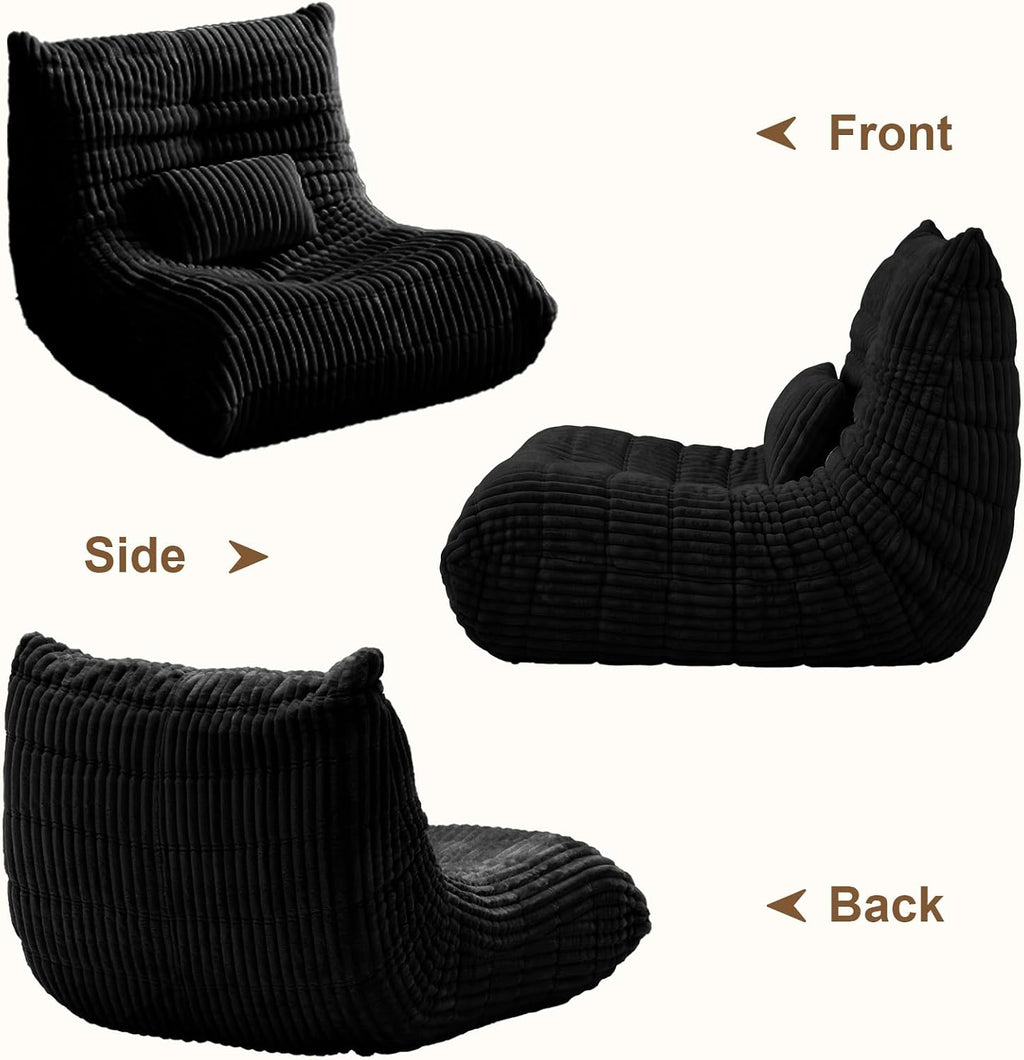 Bean Bag Chair with Lumbar Pillow, Gaint Bean Bag Chairs for Adults, Oversized Corduroy Beanbag Chair with Memory Foam Filled, Lazy Floor Sofa for Reading Gaming Living Room Bedroom (Black)