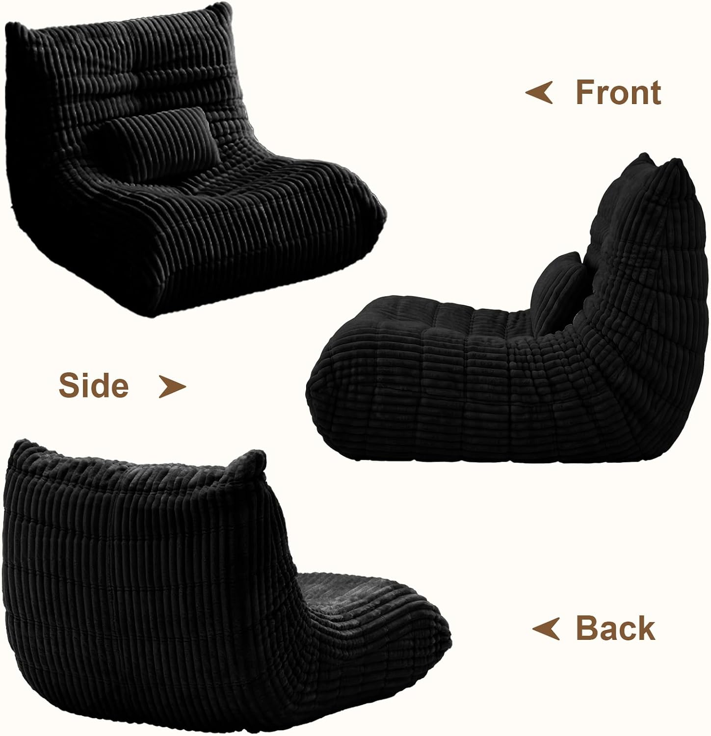 Bean Bag Chair with Lumbar Pillow, Gaint Bean Bag Chairs for Adults, Oversized Corduroy Beanbag Chair with Memory Foam Filled, Lazy Floor Sofa for Reading Gaming Living Room Bedroom (Black)