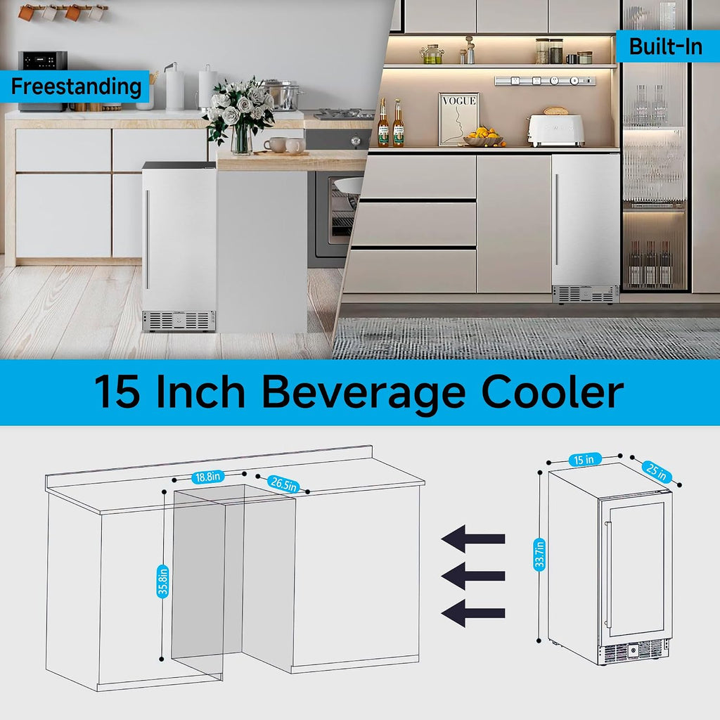 Feelfunn 15 Inch Under Counter Beverage Refrigerator - 126 Cans Beverage Fridge with Stainless Steel Door for Beer Wine Soda - Built-in or Freestanding Wine Cooler for Home Kitchen Bar