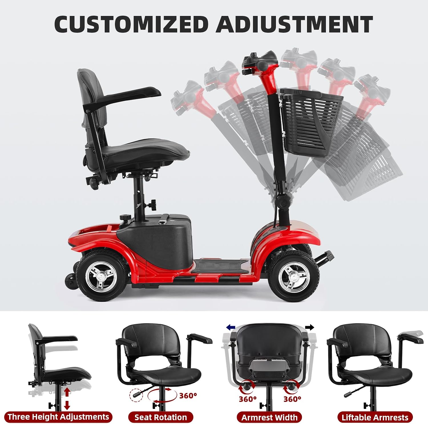 Mobility Scooter for Adults, Senior, 4 Wheels Electric Powered Chargeable Device for Travel, Lightweight and Portable, with LED Headlights and Basket, Charger Included, Red/Blue (RED red)