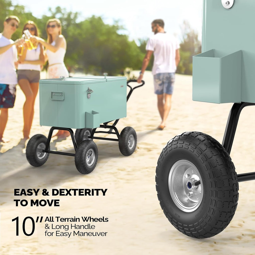 VINGLI 80 Quart Wagon Rolling Cooler Ice Chest, w/Long Handle and 10' Wheels, Portable Beach Patio Party Bar Cold Drink Beverage, Outdoor Park Cart on Wheels
