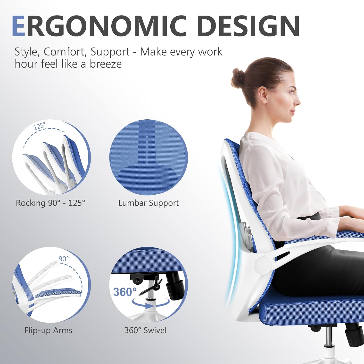 balmstar Ergonomic Office Chair Desk Chair - Mesh Computer Chair with 360° Swivel Wheels, Adjustable 90-130° Recline & Lumbar Support for Home Office, Supports up to 300lbs (01Blue)