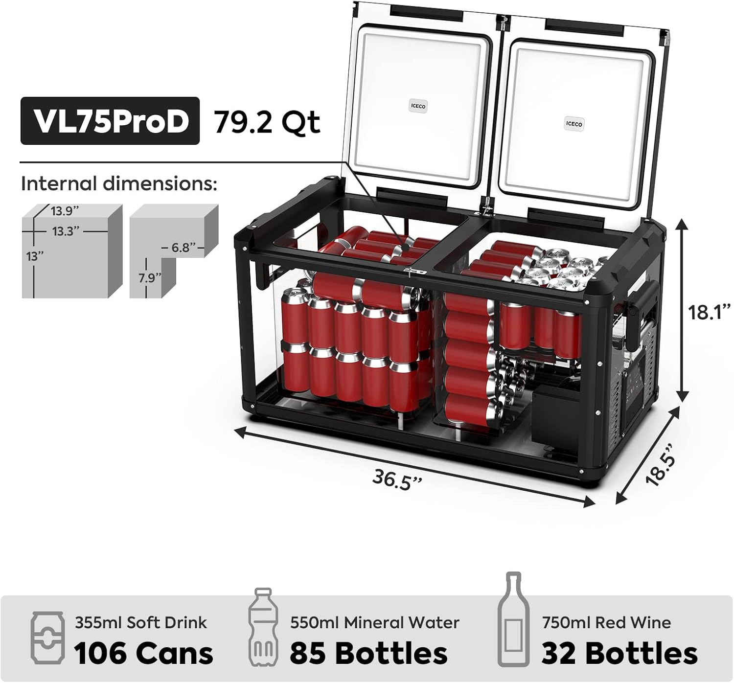 ICECO VL75 PRO 79 Quart Double Zone Portable Refrigerator with SECOP Compressor, 12 Volt Freezer for Car, Home, Camping, RV, 0°F to 50°F, 12/24V DC, 100/240V AC & Extension Cable