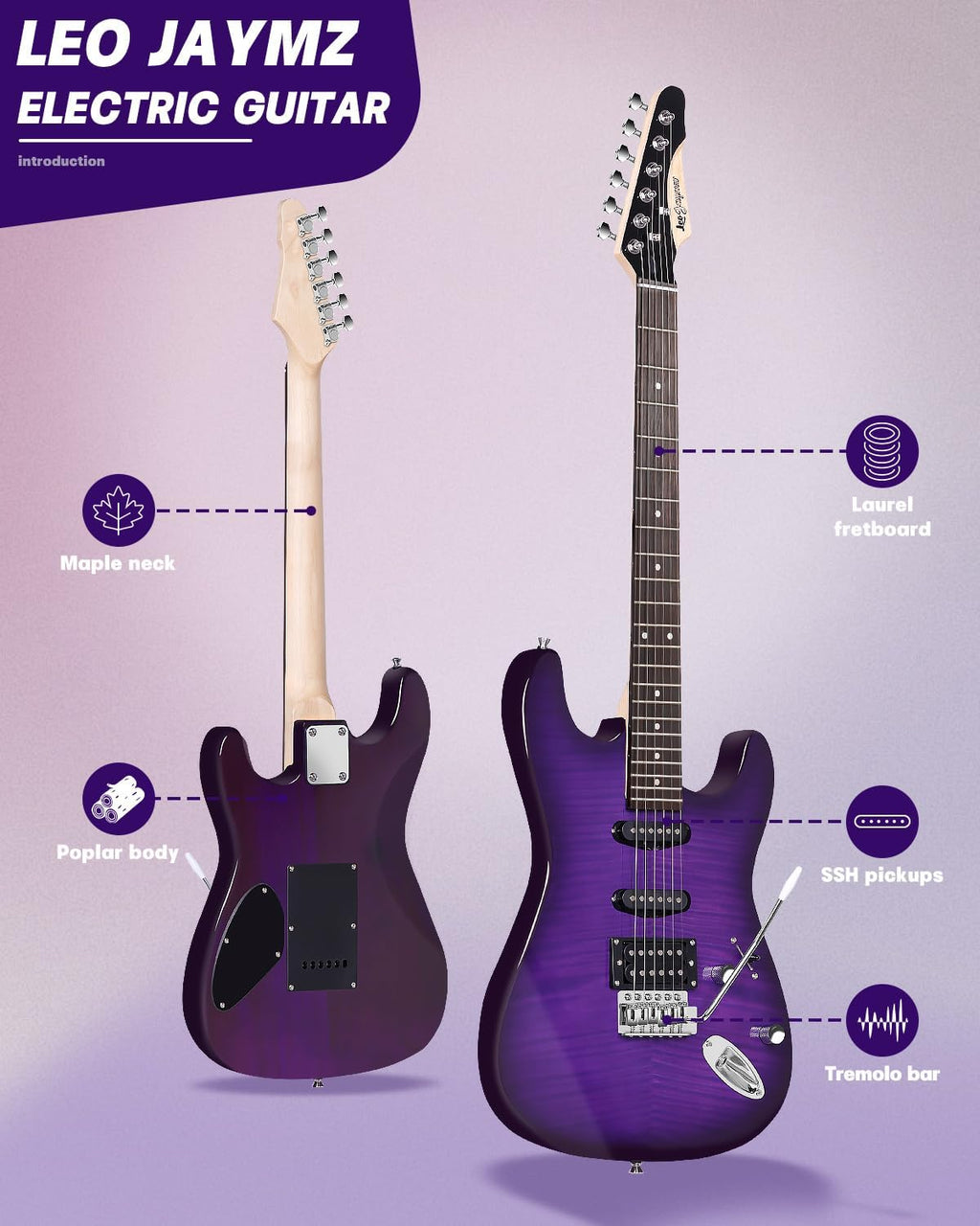 Leo Jaymz 39' Full Size ST Style Electric Guitar Starter Kit with SSH Pickup, 5W Portable Amp, Tuner, Gig Bag, Strap & Accessories (Violet Flame)