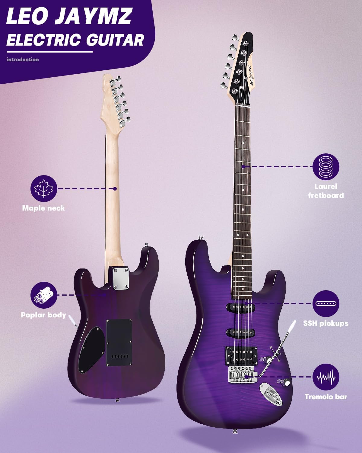 Leo Jaymz 39' Full Size ST Style Electric Guitar Starter Kit with SSH Pickup, 5W Portable Amp, Tuner, Gig Bag, Strap & Accessories (Violet Flame)