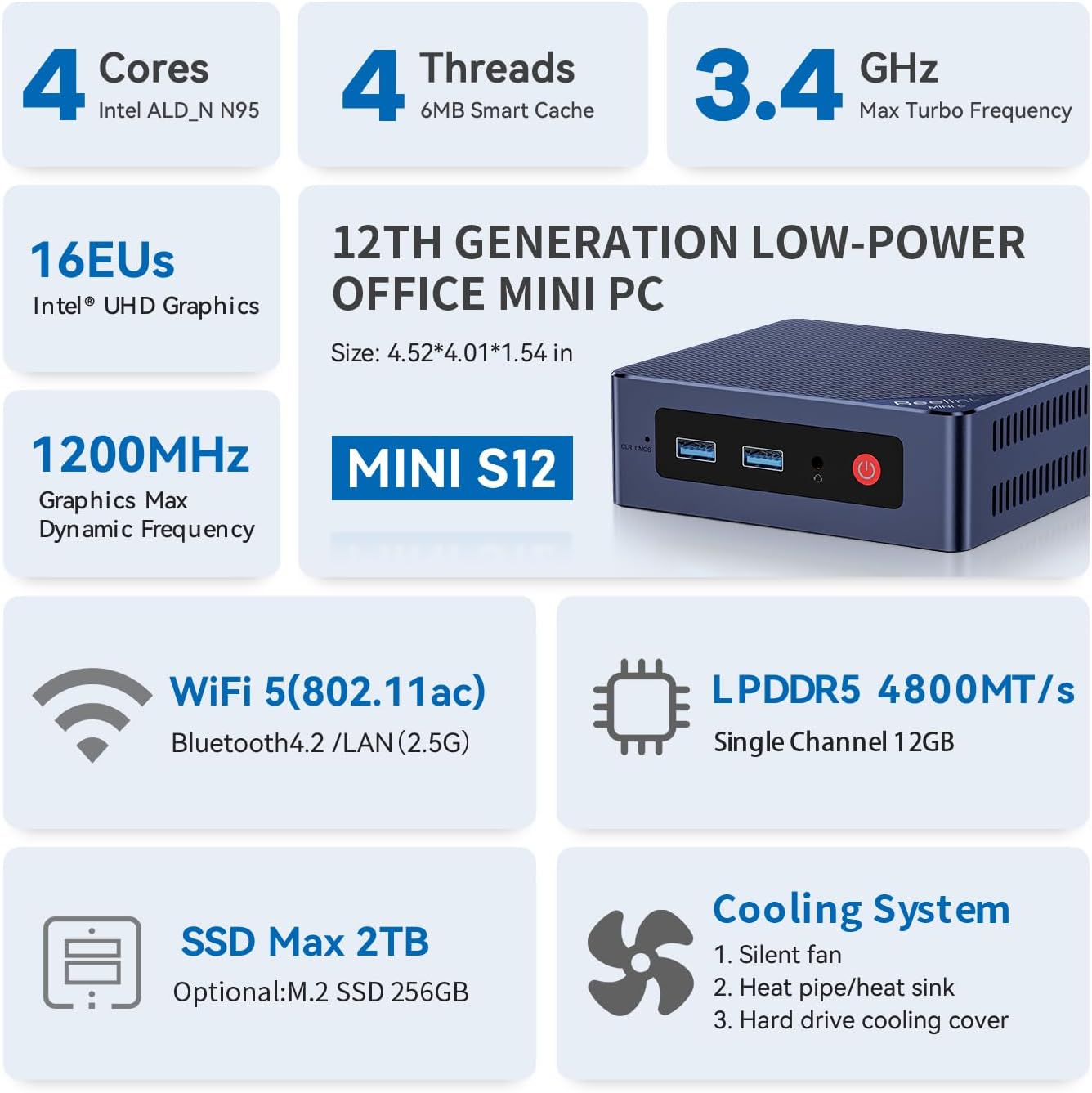 Beelink MINI S12 Mini PC with N95 Processor, 12G LPDDR5 500G SSD 4K UHD Mini Desktop PC, WiFi5, BT4.2, 2.5G LAN, Dual HDMI Ports, Business Mini Computer Support W11 Home