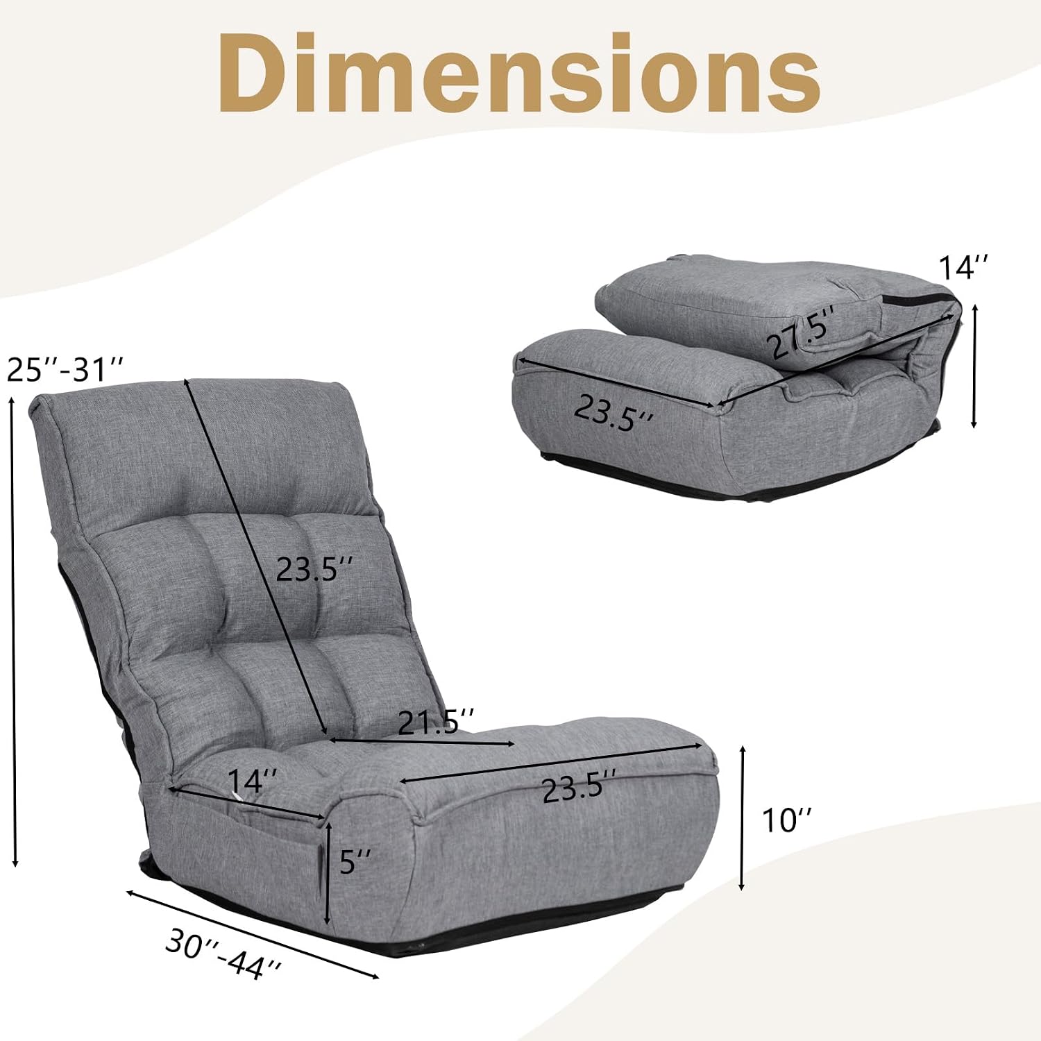 KOMFOTT Folding Floor Chair for Adults, Floor Gaming Chair with 5-Position Adjustable Headrest & 4-Position Adjustable Backrest, Side Pocket, Floor Seating Lazy Sofa for Reading, Meditating, Grey