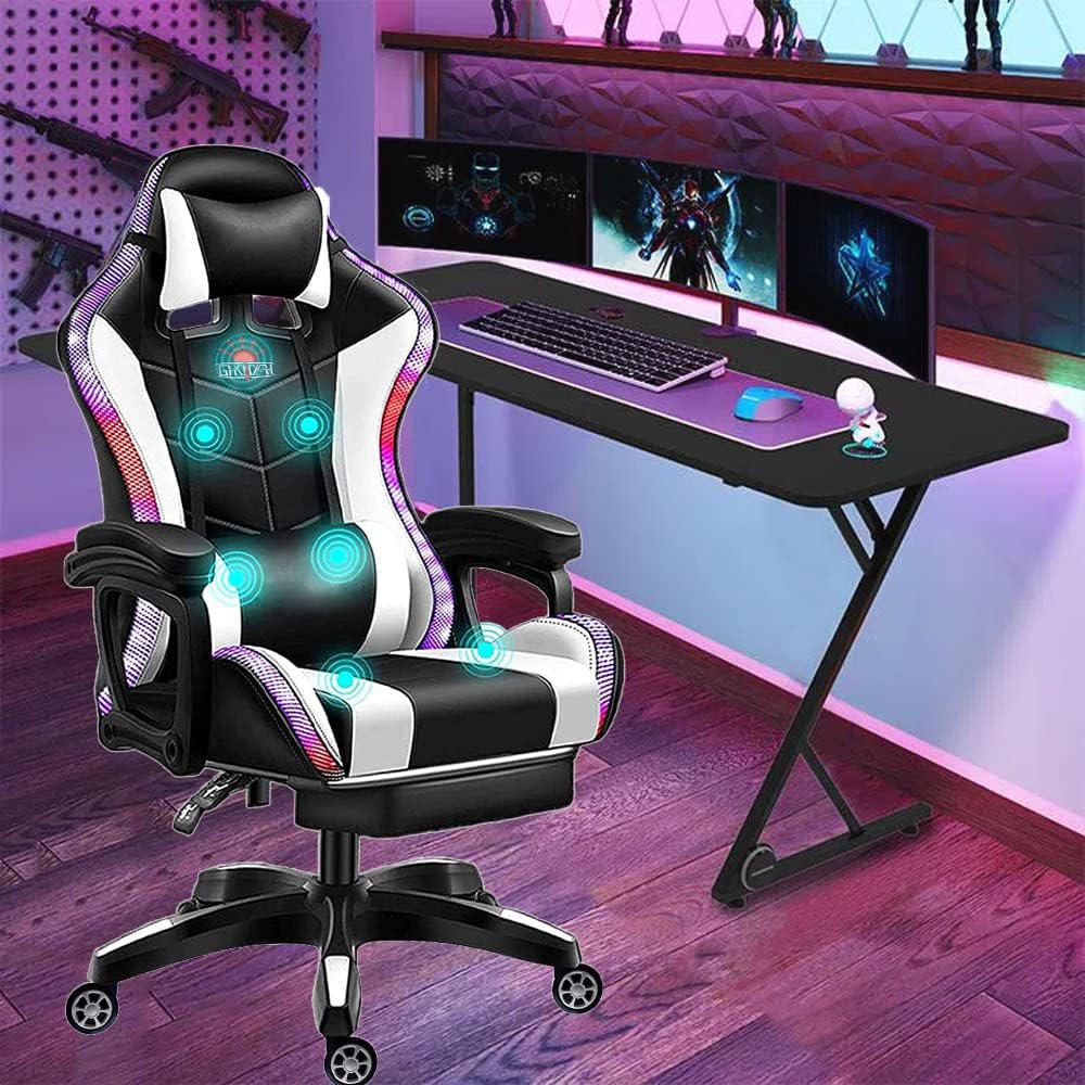 Ergonomic Racing Chair for Adults with LED Light High Back Gaming Chair with Massage and Speakers 360° Swivel Rocking Gamer Chair with Footrest for Office and College Dorm Essentials,White…