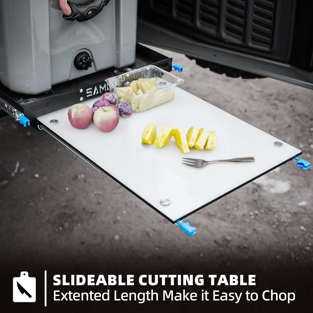 SAMOUT Fridge Slide with Chopping Board, Inner 39.2 x 22.4in, Vehicle Refrigerator Slider with 4 Buckle Straps, Max 287 LBS, 3rd Gen