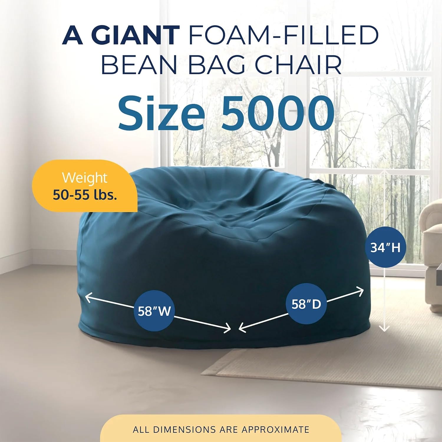 ULTIMATE SACK 5000 5-Foot Bean Bag Chair, Cloud Suede Cover – Oversized Foam Lounger, Floor Seat, Small Sofa, or Couch Bed for Living Area, Gaming Room, or Reading Lounge