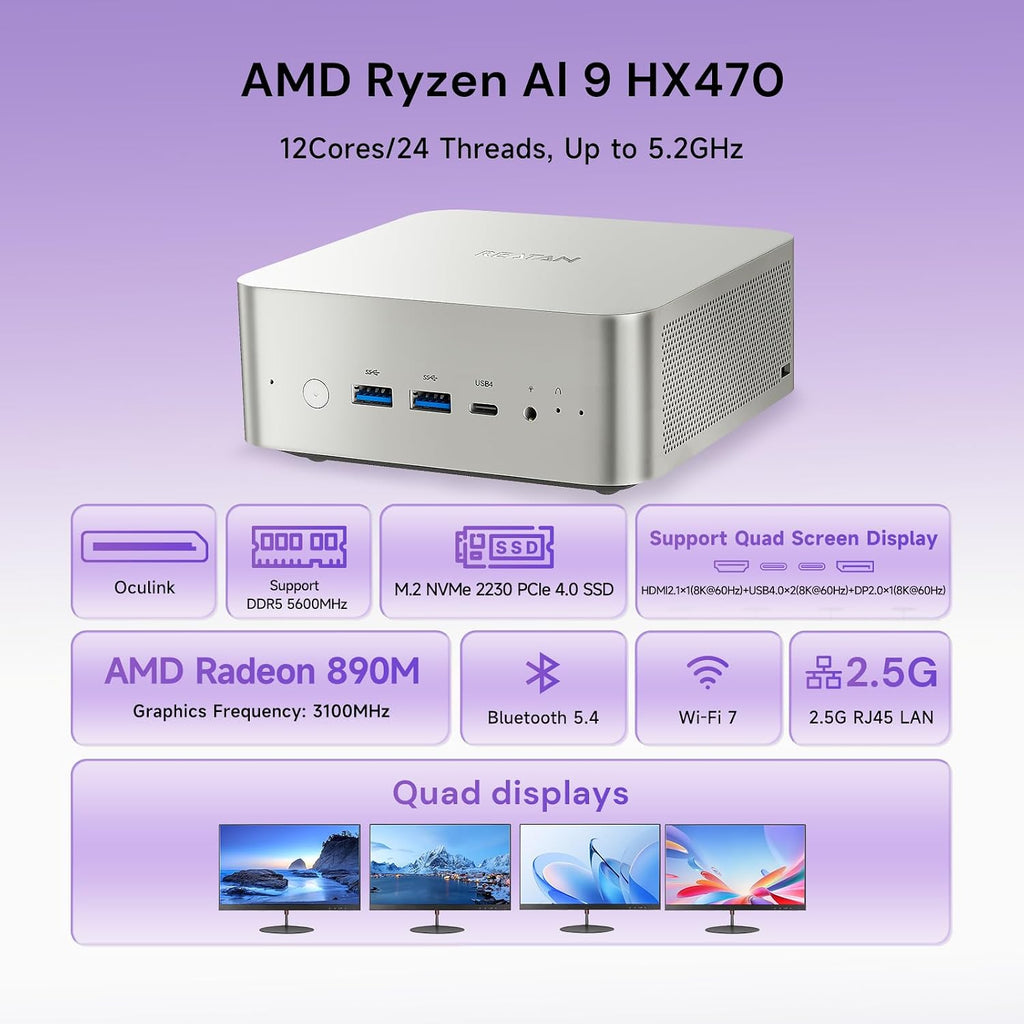 Reatan Mini Gaming PC, Latest AMD Ryzen AI 9 HX 470 Processor, 12C/24T Up to 5.2GHz, 48GB DDR5+ 2TB SSD, Radeon 890M GPU, 8K Quad Display, Built-in Speaker, Oculink, WiFi 7, BT 5.4, Compact Desktop