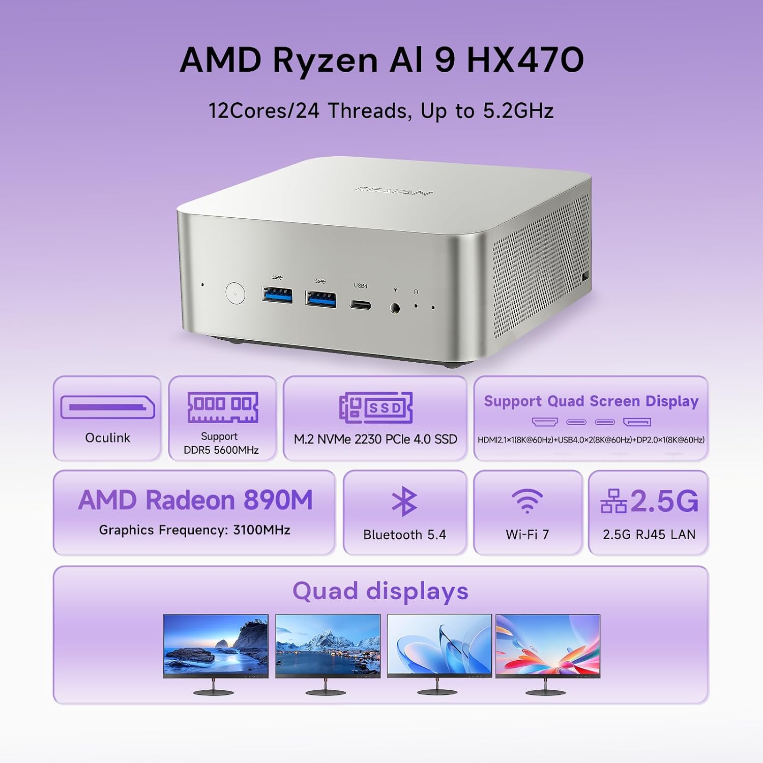 Reatan Mini Gaming PC, Latest AMD Ryzen AI 9 HX 470 Processor, 12C/24T Up to 5.2GHz, 48GB DDR5+ 2TB SSD, Radeon 890M GPU, 8K Quad Display, Built-in Speaker, Oculink, WiFi 7, BT 5.4, Compact Desktop
