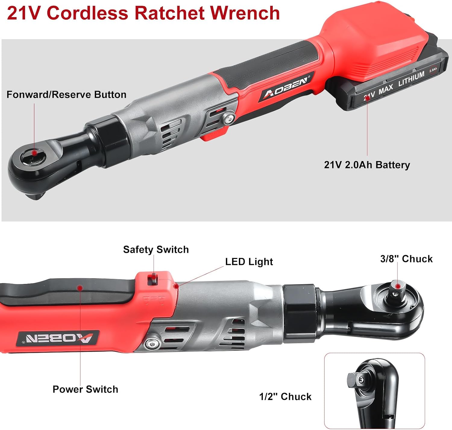 AOBEN 21V 1/2' Cordless Ratchet Wrench Kit-74 Ft-lbs Brushless Electric Power Ratchet with Variable Speed, 2X2000mAh Lithium-Ion Battery, Charger, 8 Sockets, 1/4' & 3/8' Adaptors, 3' Extension Bar