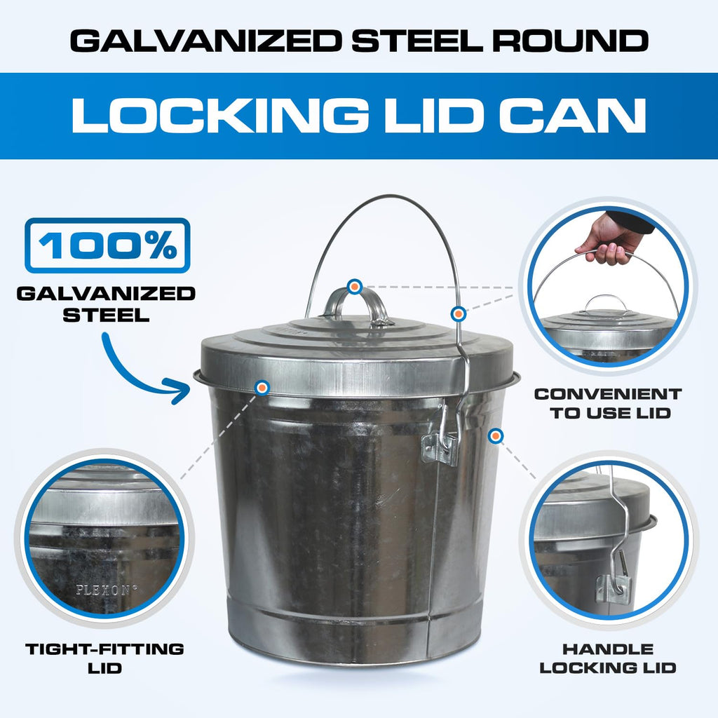 Plexon 6 Gallon Small Metal Trash Can with Locking Lid Galvanized Metal Bucket for Poultry Feed Bird Seed Storage Ash Outside Garbage Can with Lid, 3 Pack