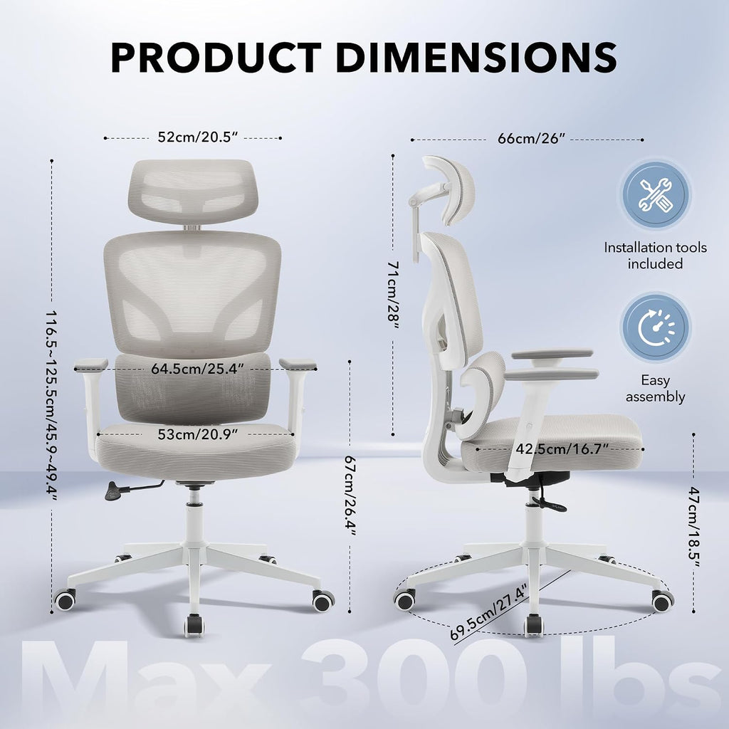 Office Chair Ergonomic Desk Chair - Home Mesh Office Desk Chair with Adjustable Lumbar Support, High-Back Computer Gaming Chair with Headrest 3D Armrests, Rolling Swivel Task Chairs for Home, Office