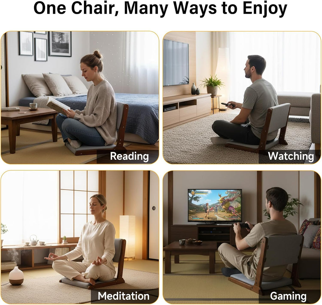 Tiita Floor Chair with Back Support, Foldable Meditation Tatami Chairs, Backrest Chair with Cushion, Living Room Chair Seat 2 Pack, Walnut Grey