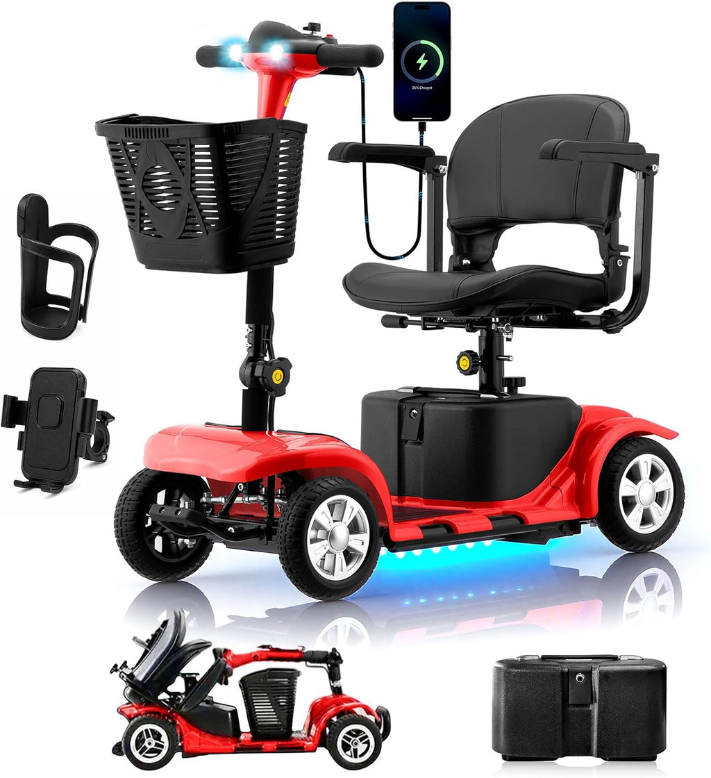 Mobility Scooter for Adults, Senior, 4 Wheels Electric Powered Chargeable Device for Travel, Lightweight and Portable, with LED Headlights and Basket, Charger Included, Red/Blue (RED red)