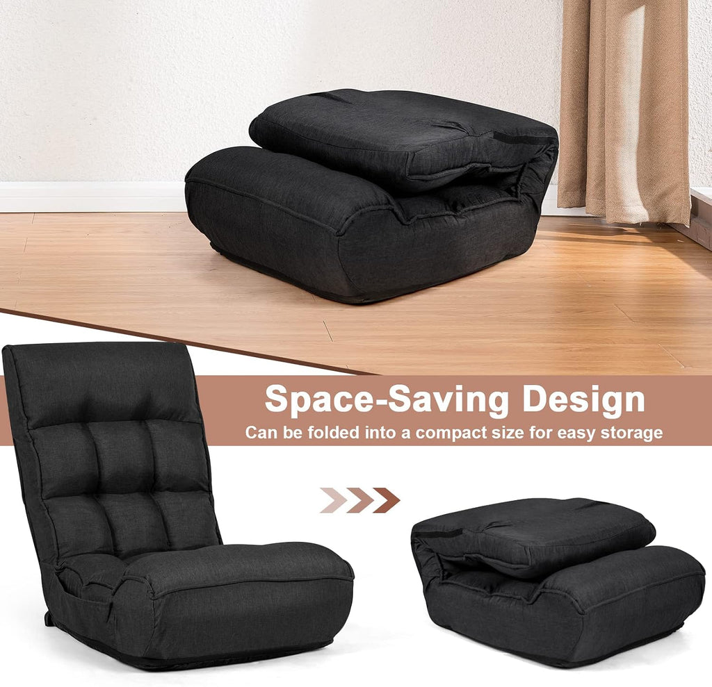 COSTWAY Folding Floor Lounge Chair, Floor Gaming Chair with 5-Position Adjustable Head & 4-Position Adjustable Backrest, Indoor Lazy Sofa Recliner for Bedroom, Living Room (Black)