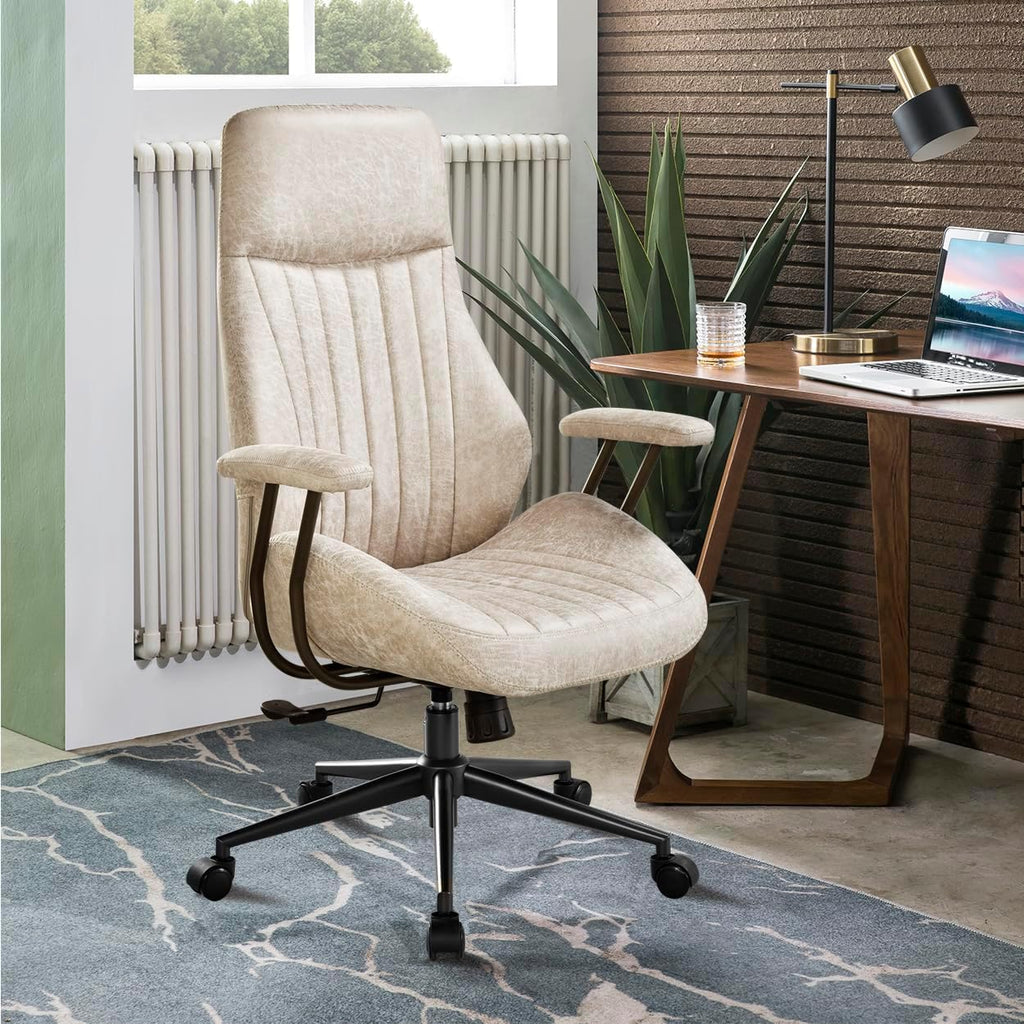 ovios Ergonomic Office Chair, High Back Faux Leather Executive Chairs with Armrests, Comfy Mid-Century Modern Swivel Rolling Computer Armchair (Beige, Suede Leather)