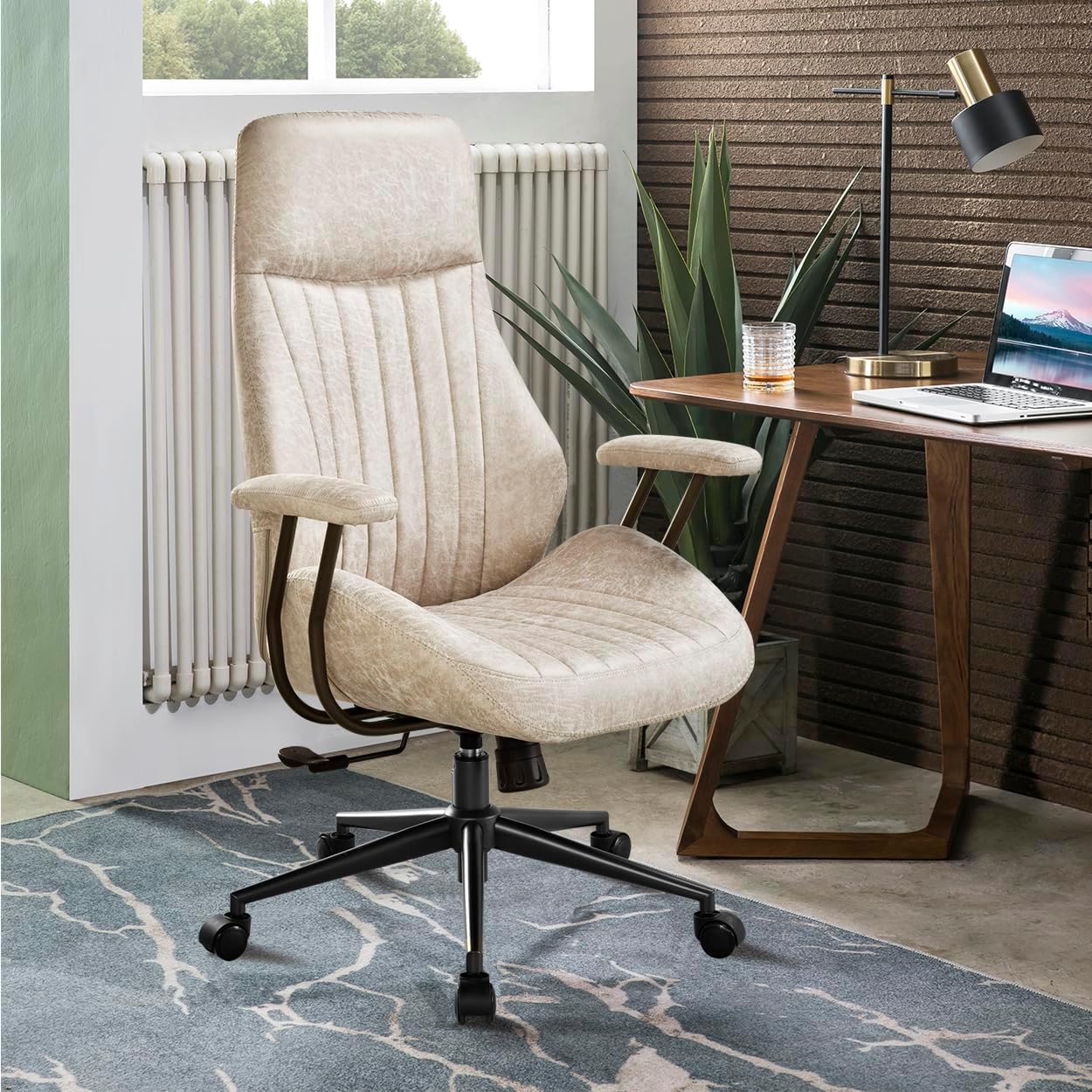 ovios Ergonomic Office Chair, High Back Faux Leather Executive Chairs with Armrests, Comfy Mid-Century Modern Swivel Rolling Computer Armchair (Beige, Suede Leather)