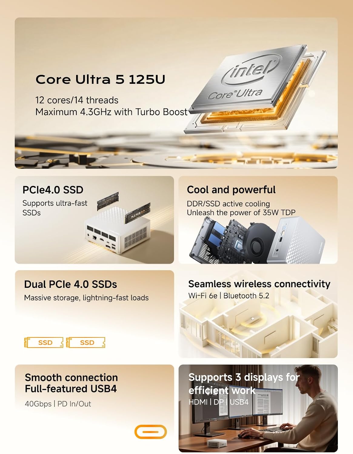 MINISFORUM Mini PC M1 Lite-125U Intel Core Ultra 5 125U (12C/14T, up to 4.3Ghz), 16GB DDR5 RAM 512GB PCIe 4.0 SSD, Mini Desktop Computer Triple Display, 2.5G LAN, WiFi 6e, BT5.2