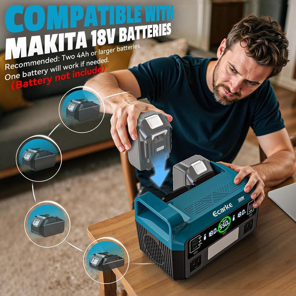 Ecarke 550W Portable Power Inverter Compatible with Makita 18V Battery, DC 18V to AC 110V Pure Sine Wave Power Station 2 AC Outlets,2 USB-A&1 USB-C 20W, 600LM LED Outdoor Emergency Use(No Battery)