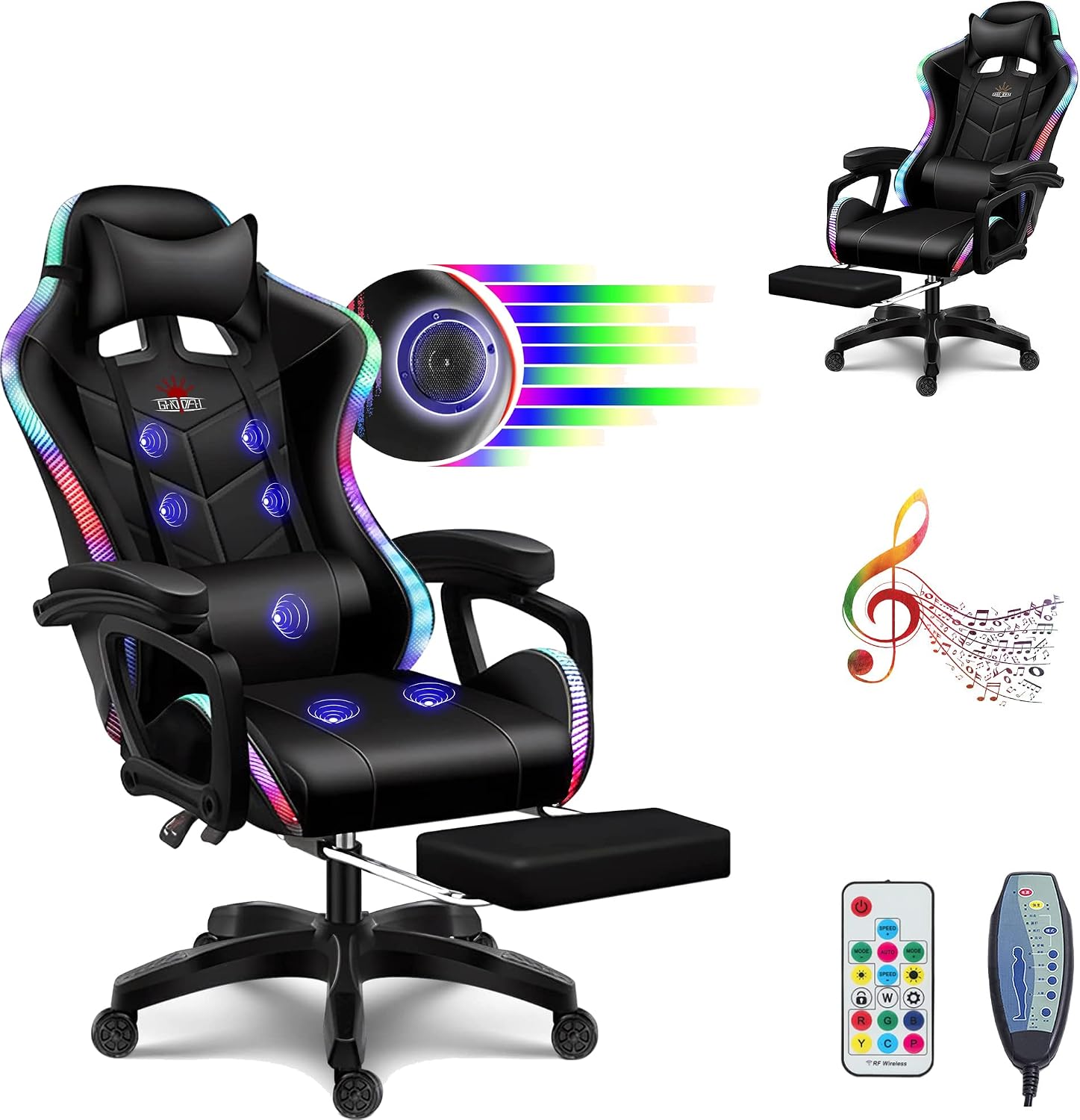 RGB Gaming Chair with Footrest,Gaming Chair with Speakers - with Full Massage Lumbar Support, Ergonomic Desk Computer Chair High Back & Lumbar Support Arms Backrest Adjustable,Black