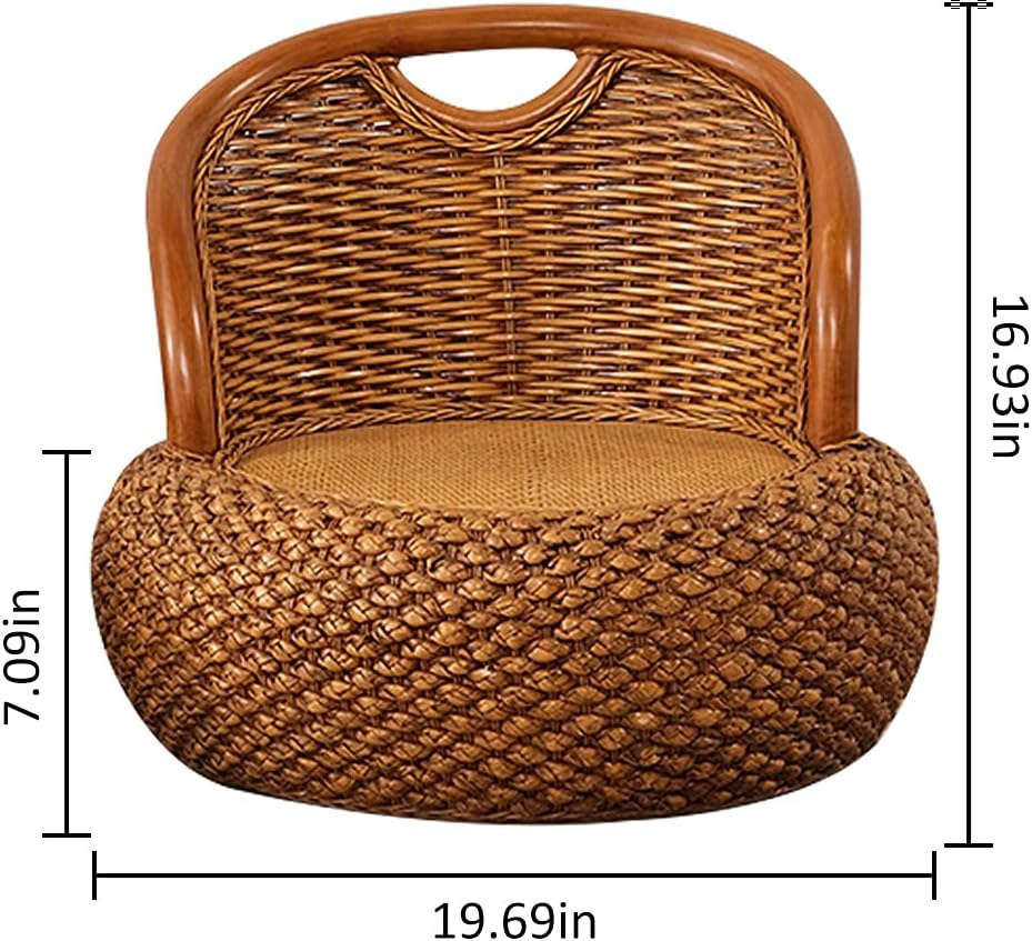 Round Rattan Floor Chair with Ergonomic Backrest Floor Lazy Chair Tatami Floor Seat Floor Meditation Chair Floor Seat Futon for Home and Office Decoration (Dark Brown)