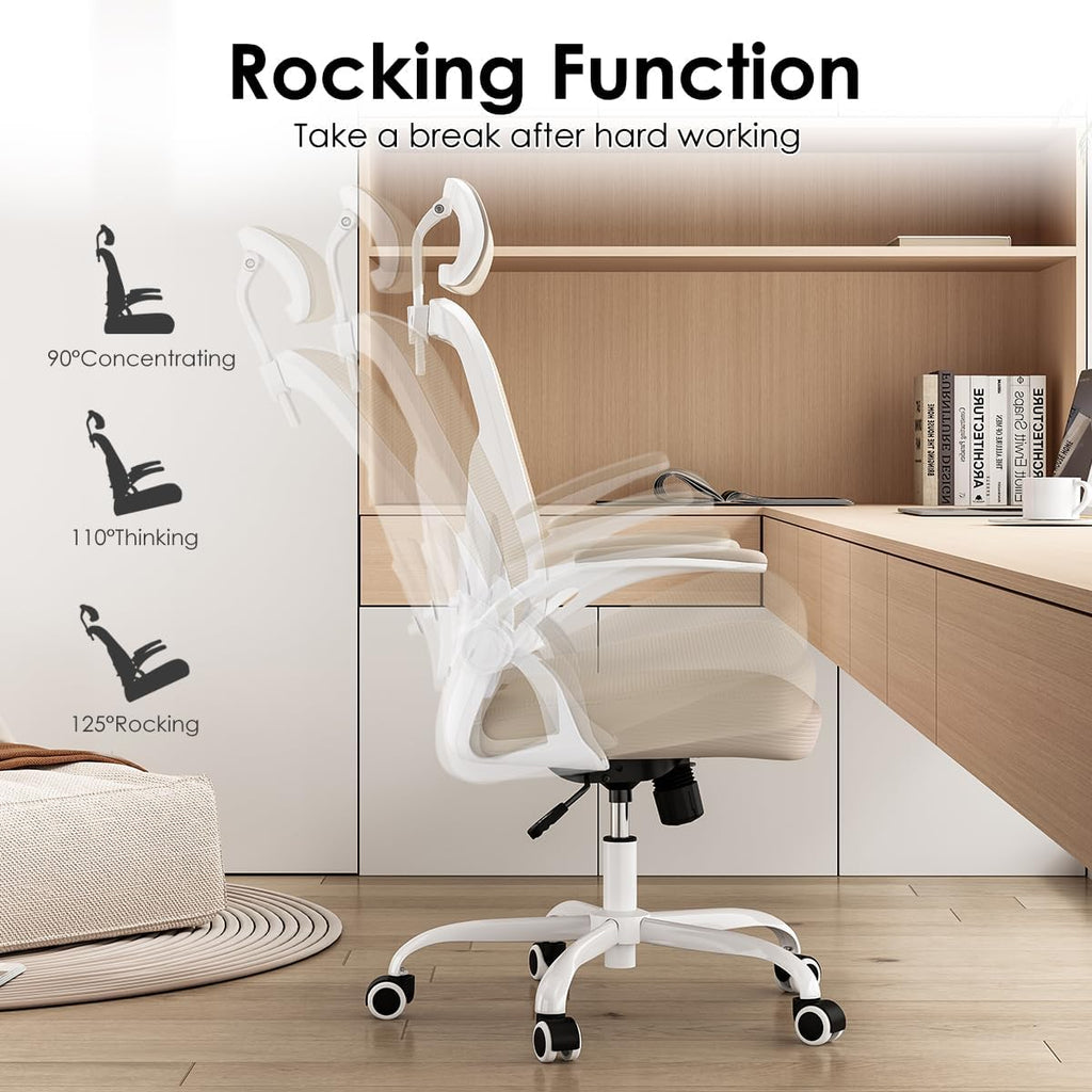 Farini Ergonomic Office Chair, Home Office Desk Chair with Headrest, High Back Swivel Computer Chair with Armrests and Adjustable Lumbar Support for Home Office Study Room, White & Khaki