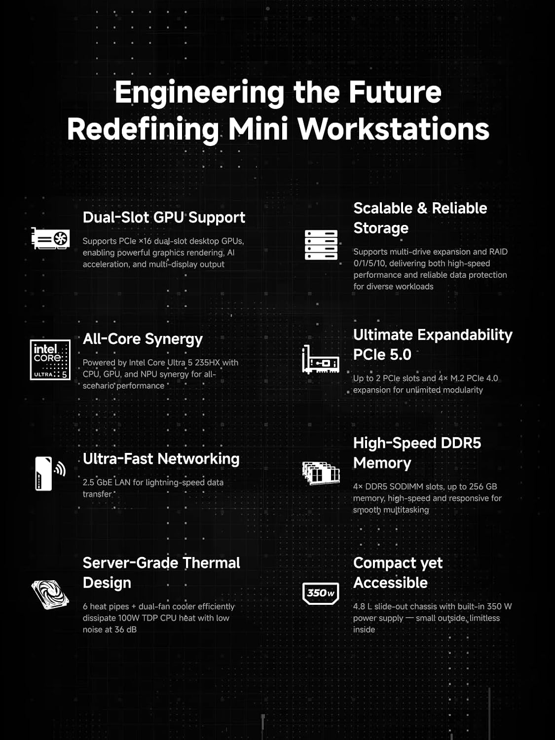MINISFORUM Mini Workstation MS-02 Core Ultra 5 235HX Without Storage/OS Mini PC, 4X DDR5 Slot, 4X SSD Slot, HDMI+USB4+2xUSB4 V2 Video Output, 2X 25G SFP+, 1x10G RJ45, 1x 2.5G RJ45, WiFi7 Computer